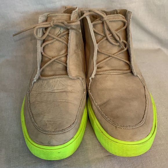 Air Jordon Beige Suede Lace Up High Tops with Neon Green Soles - Picture 2 of 11